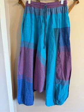 Unbranded Blue Patchwork Cotton Linen Harem Pants M